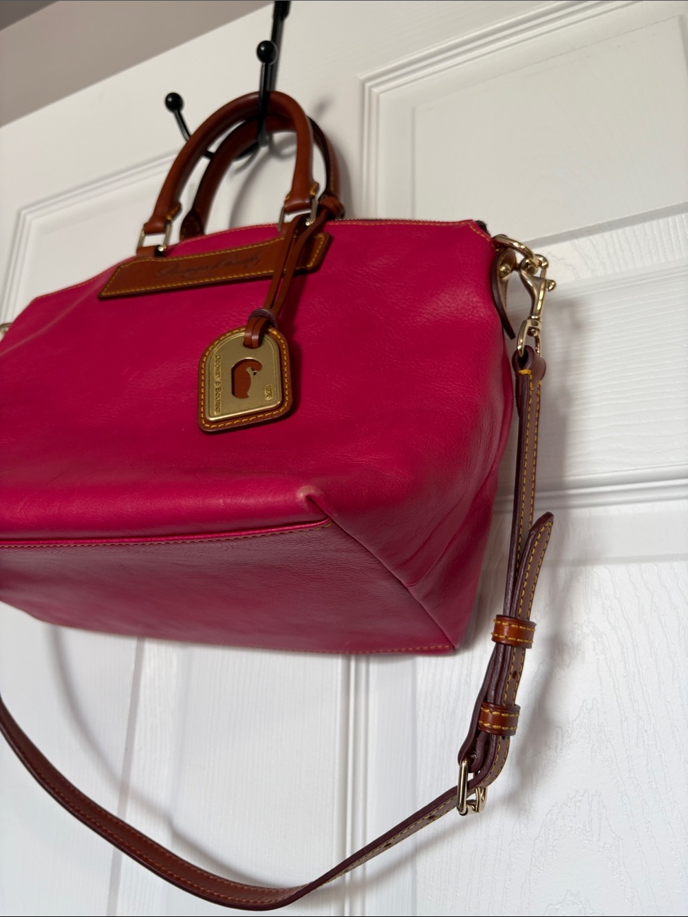 Dooney & Bourke Hot Pink Leather Satchel with Brown Trim - Picture 3 of 16